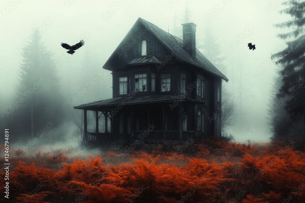 A gothic-style abandoned farm with eerie dead trees, crows circling, and a haunted barn in the mist A gothic-style abandoned farm with eerie dead trees, crows circling, and a haunted barn in the mist