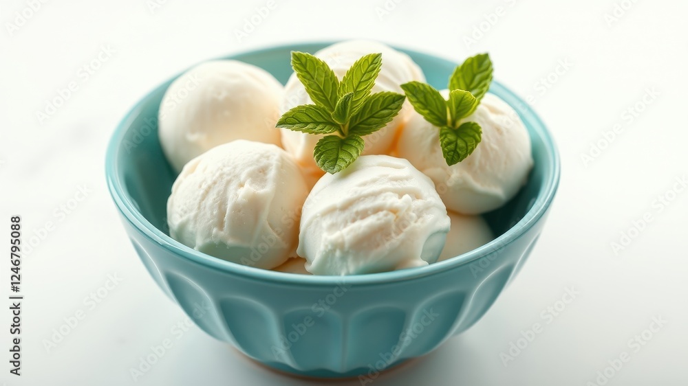 Refreshing scoops of creamy vanilla ice cream in a light blue bowl, garnished with fresh mint leaves. Refreshing scoops of creamy vanilla ice cream in a light blue bowl, garnished with fresh mint leaves.