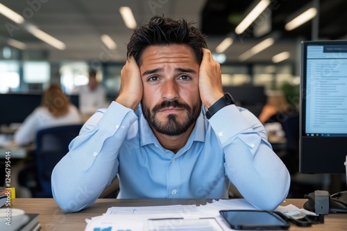 Gestresster Büroangestellter mit Überforderung am Arbeitsplatz

 photo