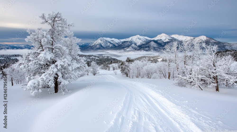Snowy mountain path, winter landscape, trees, sunrise Snowy mountain path, winter landscape, trees, sunrise