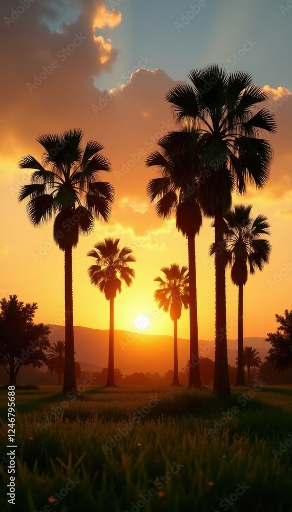 Obraz premium Palm trees in warm sunset light with long shadows, sunset, evening, greenery