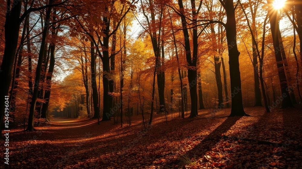 Fototapeta premium Golden Autumn Sunlight Illuminates a Path Through a Canopy of Colorful Fall Foliage