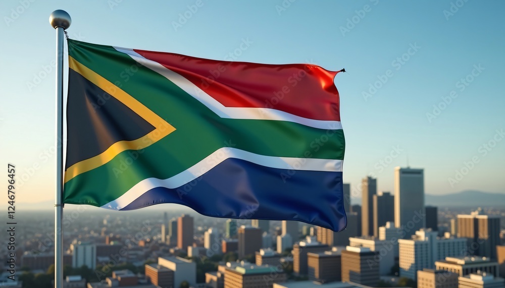 Fototapeta premium South African flag waving over city skyline at sunset.