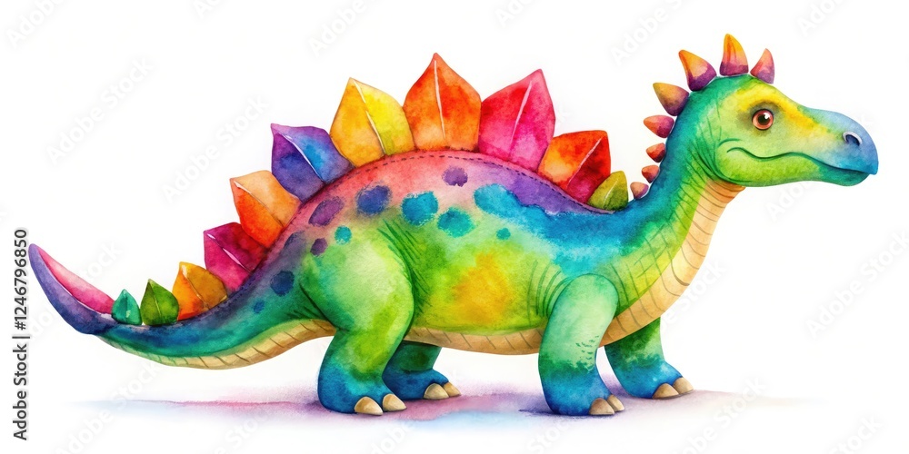 Fototapeta premium Adorable dinosaur painting in whimsical watercolor style, charming child's art.
