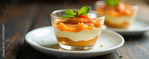 Verrine glass dish filled with salmon cheese cream, golden brown, verrine, dessert