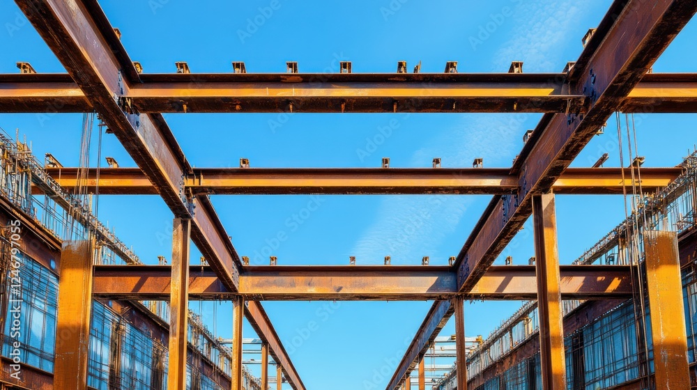 A vibrant shot of riveted iron beams forming the framework of a new bridge under construction, with clear skies above A vibrant shot of riveted iron beams forming the framework of a new bridge under construction, with clear skies above