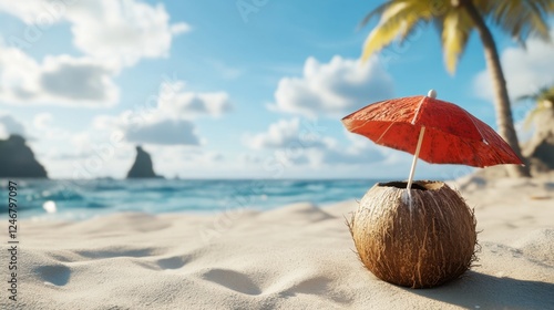 Wallpaper Mural A coconut with a straw and umbrella resting on the sand, ready for a refreshing tropical drink under the sun. Torontodigital.ca