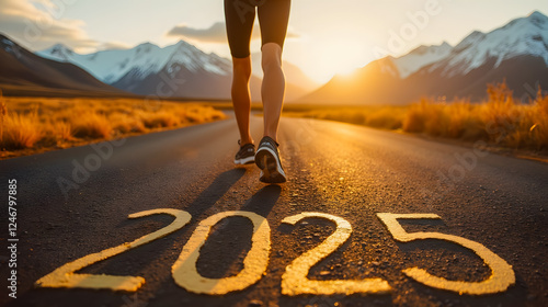Wallpaper Mural Runner on Open Road with Mountains in Background and Sunset Glow, Symbolizing New Beginnings in 2025 for Motivational Journey Torontodigital.ca