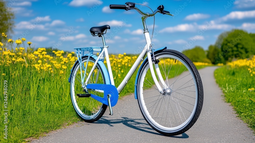 Naklejka premium White and Light Blue Bicycle on a Gravel Path Amidst Yellow Wildflowers