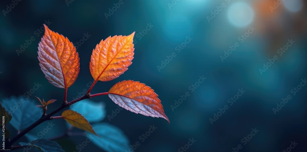 Blue and orange tones blended with leaves on the stem, botanical, natural Blue and orange tones blended with leaves on the stem, botanical, natural