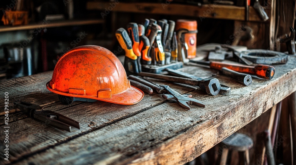 A construction hardhat and tools meticulously arranged on a wooden workbench, realistic textures enhanced by warm, directional natural lighting. A construction hardhat and tools meticulously arranged on a wooden workbench, realistic textures enhanced by warm, directional natural lighting.