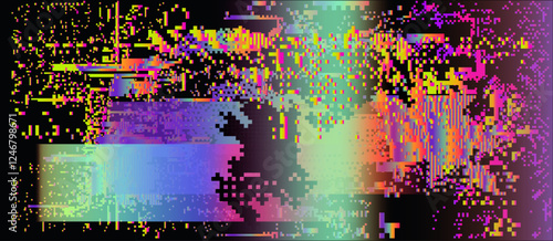 Abstract glitchy background resembling a corrupted VHS tape with holographic light leaks and pixel noise. Vector design on technological theme.