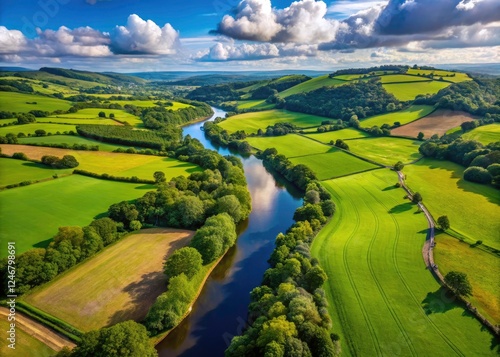 Aerial drone images showcase the River Teign's beauty and Devon's picturesque meadows in high resolution. photo