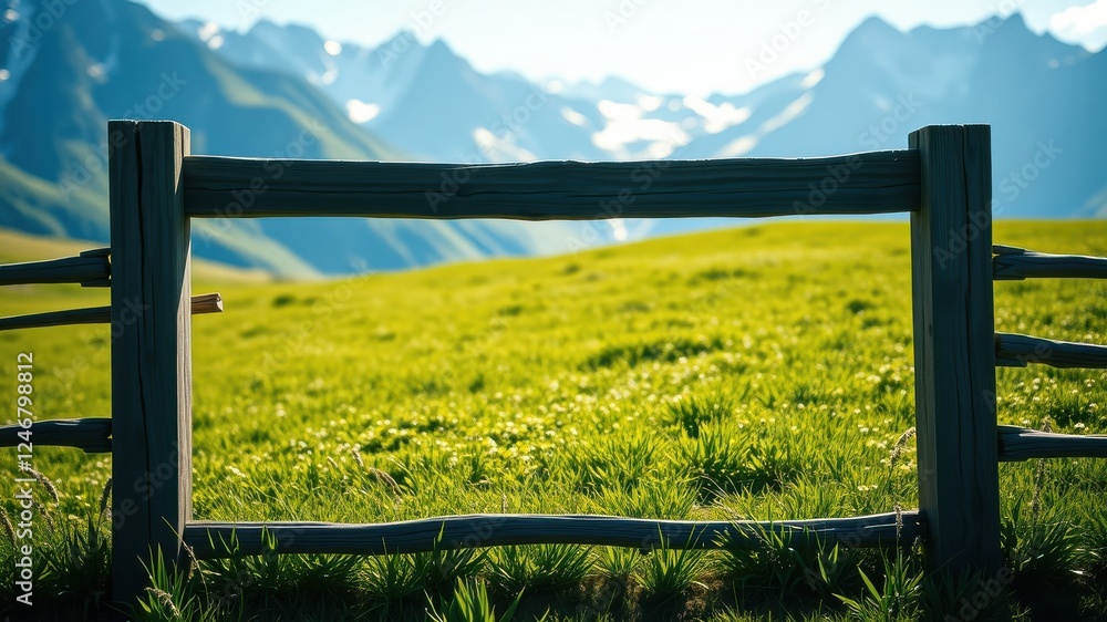 Fototapeta premium Rustic wooden fence framing a vibrant green meadow with a majestic mountain range in the background