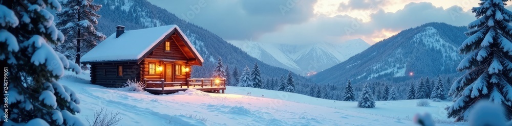 Fototapeta premium Snowy landscape with a winter cabin and a festive holiday scene, snowy, holiday