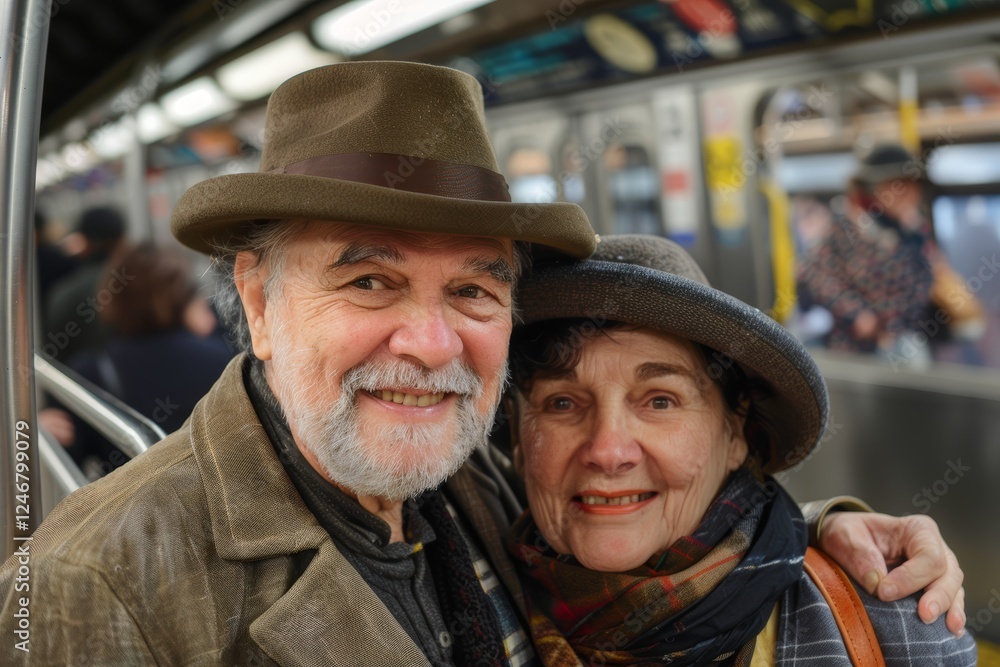 Portrait of a grinning couple in their 60s donning a classic fedora while standing against bustling city subway background Portrait of a grinning couple in their 60s donning a classic fedora while standing against bustling city subway background