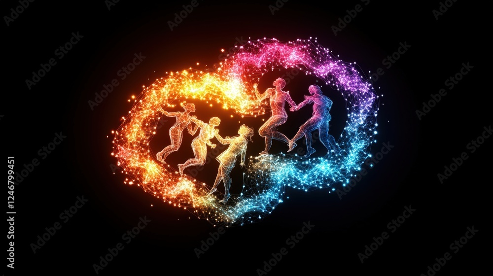 Fototapeta premium Group of people dancing in a circle under colorful lights at a social event or celebration