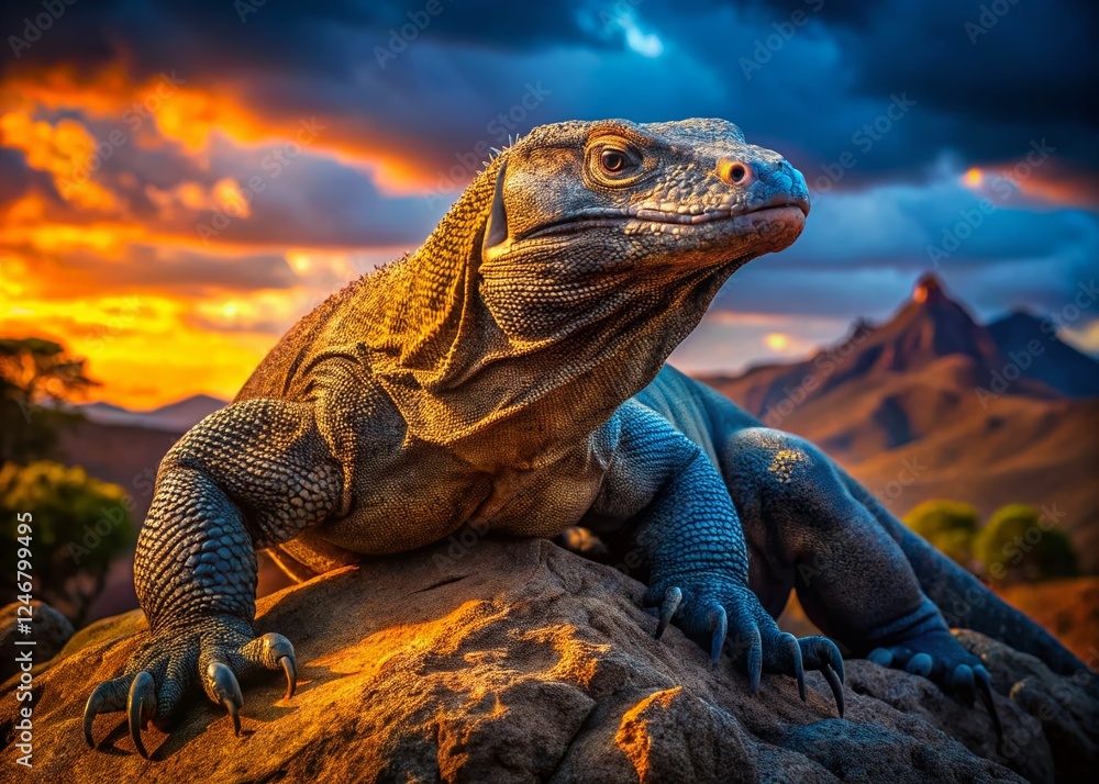 Fototapeta premium Komodo Dragon Sunbathing on Volcanic Rock - Low Light Wildlife Photography