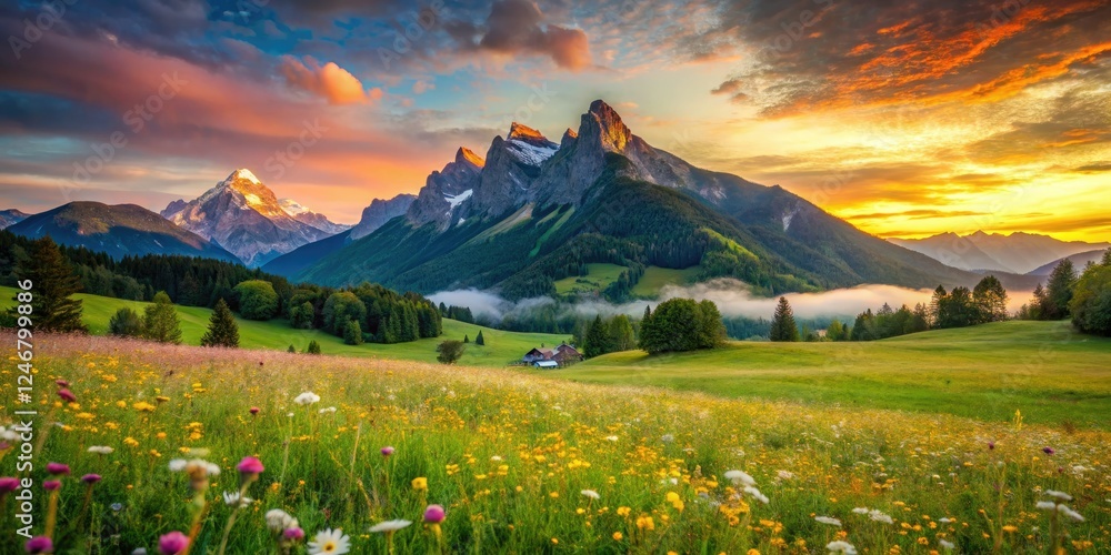 Naklejka premium Stunning high-resolution photo: Watzmann's alpine meadow, Berchtesgadener Land's breathtaking grassy mountain backdrop.