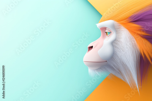 Monkey contemplation, 3d profile, side view portrait, primate wildlife theme, face looking, yellow, blue, copy space