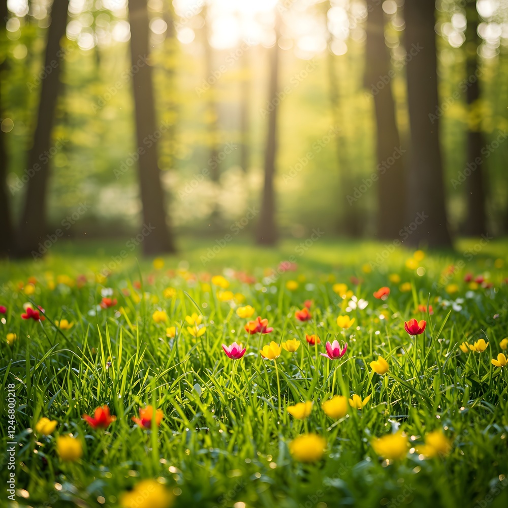 Fototapeta premium Sunlit Meadow: A Tapestry of Spring Blossoms in a Forest