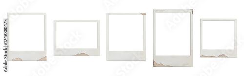 A set of various real polaroid empty frames, old, yellowed with dark corners, with coffee stains, in various sizes. Shadow. Isolated on a transparent background. PNG photo