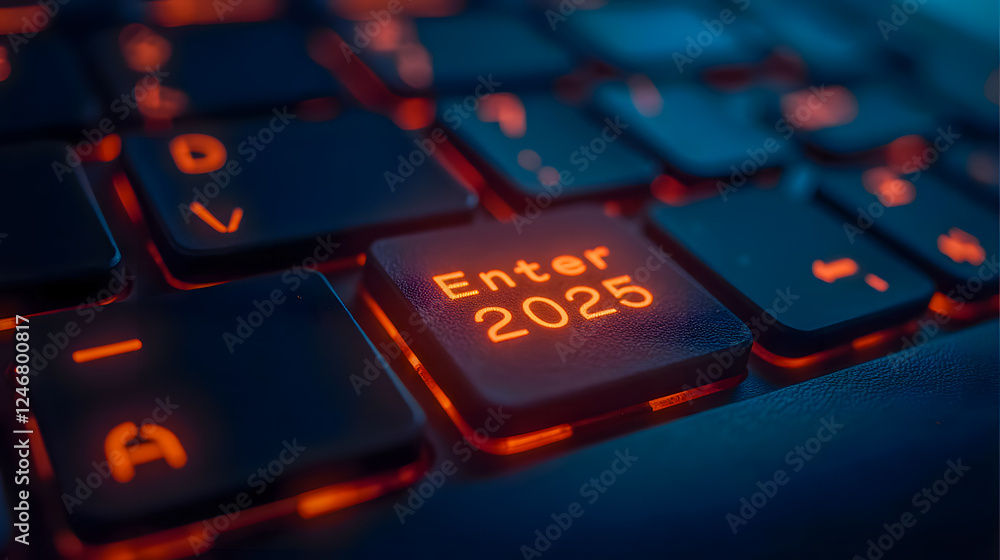 Futuristic Computer Keyboard with Illuminated Enter Key Displaying Year 2025 Surrounded by Soft Glow and Vibrant Colors Futuristic Computer Keyboard with Illuminated Enter Key Displaying Year 2025 Surrounded by Soft Glow and Vibrant Colors