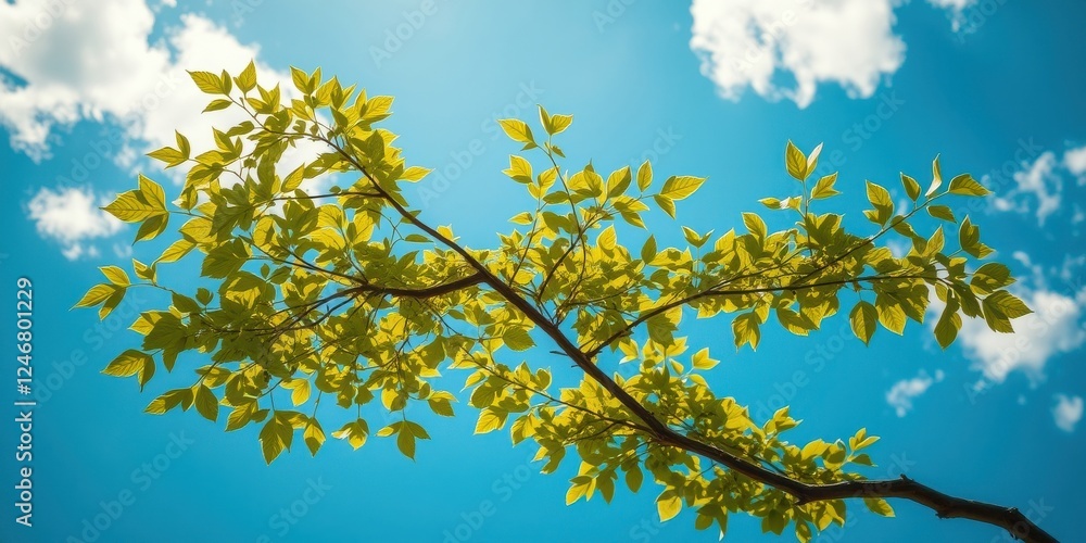 Sunlight Illuminating Vibrant Green Spring Leaves Against a Bright Blue Sky with Fluffy White Clouds Sunlight Illuminating Vibrant Green Spring Leaves Against a Bright Blue Sky with Fluffy White Clouds