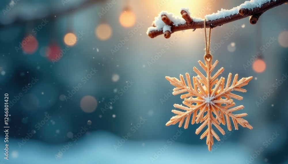 Delicate straw snowflake ornament hanging from a branch, ornament, winter Delicate straw snowflake ornament hanging from a branch, ornament, winter