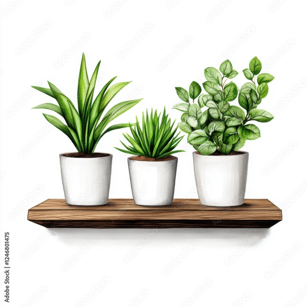 Fototapeta premium Three Modern Potted Plants on Wooden Shelf with Bright White Background for Interior Decor Inspiration