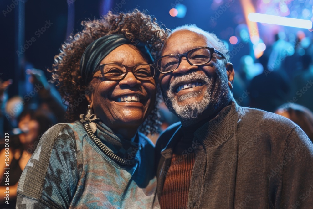 Portrait of a smiling afro-american couple in their 50s showing off a thermal merino wool top in lively concert crowd background Portrait of a smiling afro-american couple in their 50s showing off a thermal merino wool top in lively concert crowd background