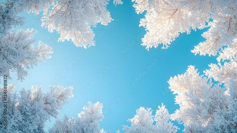 Frosty Winter Tree Canopy with Blue Sky and Snowy Branches Frosty Winter Tree Canopy with Blue Sky and Snowy Branches