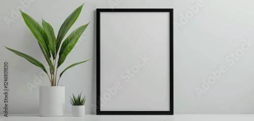 Minimalist office interior with a blank black frame on the wall, modern desks, and natural lighting, sleek and professional design