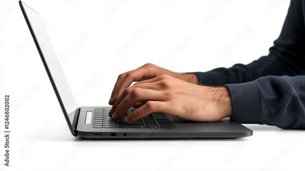 a person typing on a laptop displaying financial charts, isolated white background. a person typing on a laptop displaying financial charts, isolated white background.