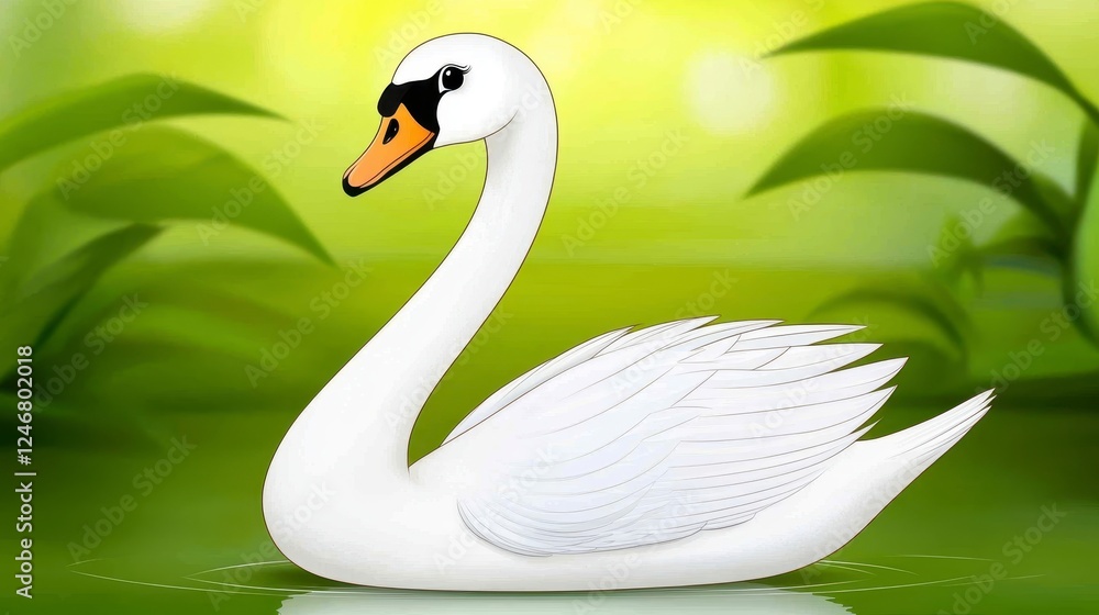 Fototapeta premium White Swan on Serene Green Water with Lush Foliage