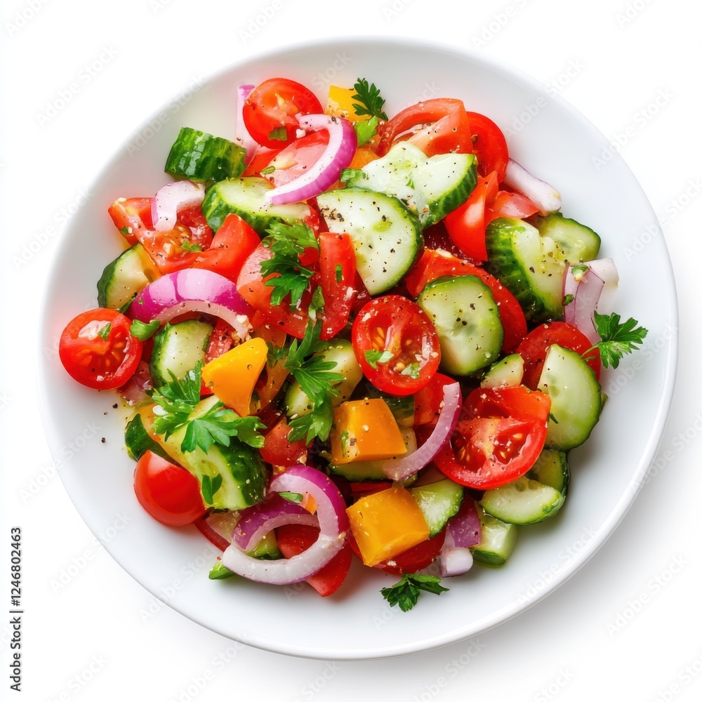 Fresh and Colorful Vegetable Salad with Tomatoes, Cucumbers, Onions, and Herbs on a White Plate Fresh and Colorful Vegetable Salad with Tomatoes, Cucumbers, Onions, and Herbs on a White Plate