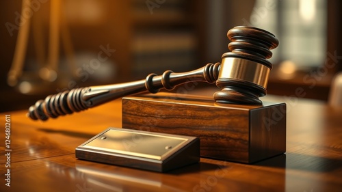 Gavel on Wooden Block with Nameplate Symbol of Justice and Legal Proceedings