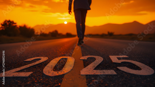 Wallpaper Mural Man Walking on Road with Year 2025 Painted in Yellow Under a Warm Orange Sunset Sky Surrounded by Mountains Torontodigital.ca