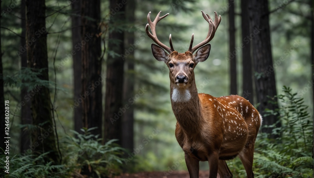 Fototapeta premium spotted deer standing on a forest path in close-up