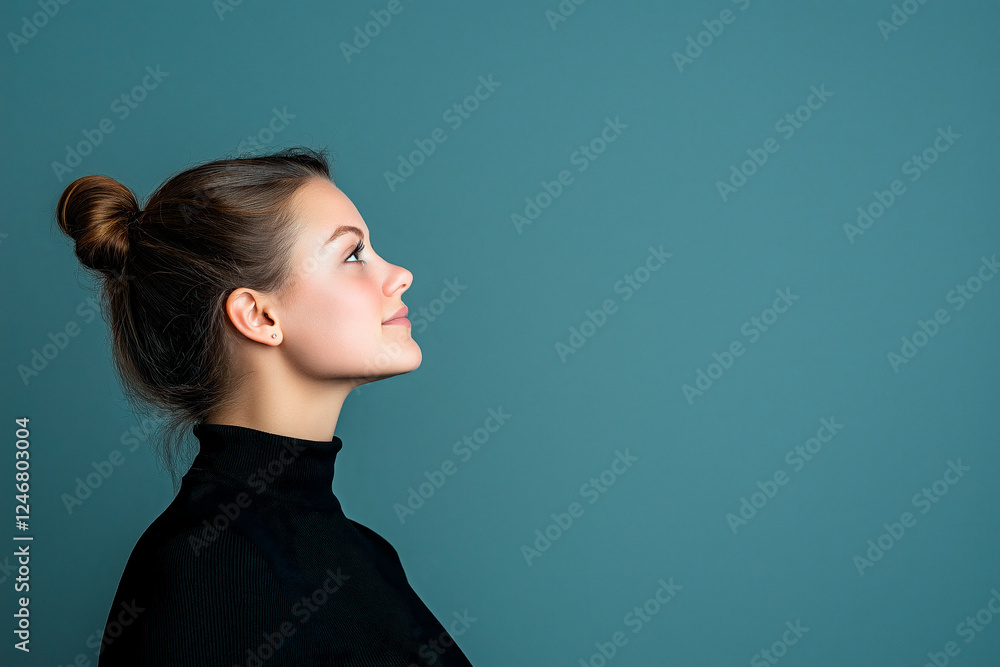 Fototapeta premium portrait of normal woman with black shirt and hair tied on head, posing, side profile view