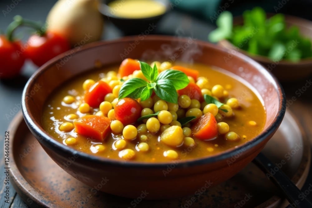 Steaming hot lentil curry served with a medley of roasted vegetables in a rustic ceramic bowl , Indian cooking, curry recipe, cauliflower Steaming hot lentil curry served with a medley of roasted vegetables in a rustic ceramic bowl , Indian cooking, curry recipe, cauliflower