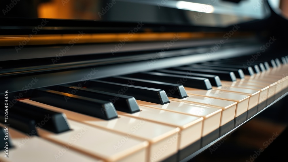 Close-up view of a polished black piano keyboard, showcasing the ivory keys and the sleek design Close-up view of a polished black piano keyboard, showcasing the ivory keys and the sleek design