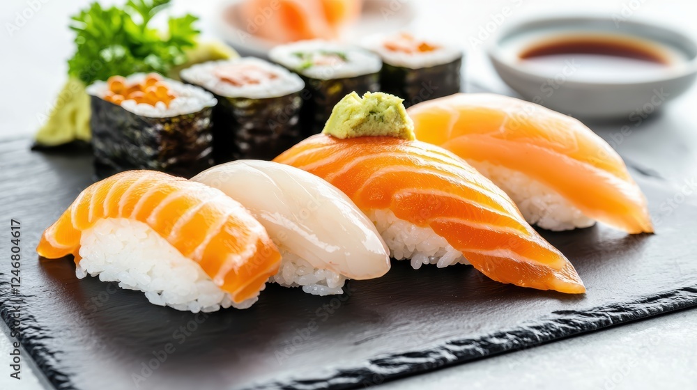 Perfectly crafted salmon nigiri with glossy, fresh fish atop neatly shaped rice, isolated on a white background for a clean presentation Perfectly crafted salmon nigiri with glossy, fresh fish atop neatly shaped rice, isolated on a white background for a clean presentation