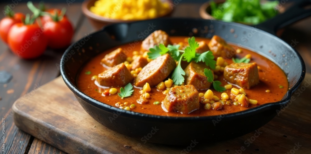 Sizzling beef Madras curry in cast iron pan on wooden table, garam masala, madras curry, cast iron pan Sizzling beef Madras curry in cast iron pan on wooden table, garam masala, madras curry, cast iron pan