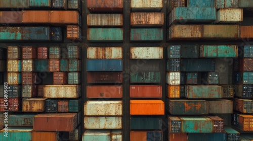 Aerial view of container yard with shipping containers of different sizes, logistics. photo