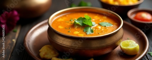 South Indian Rasam served in a brass bowl with various accompaniments , Wooden, Vegetables, Ingredients photo