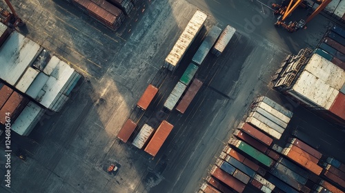 Aerial view of container yard with shipping containers of different sizes, logistics. photo