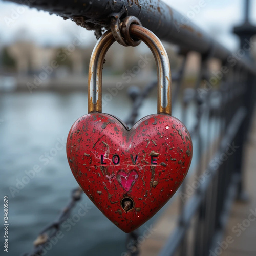 Red heart-shaped love padlock on a chain fence by the water