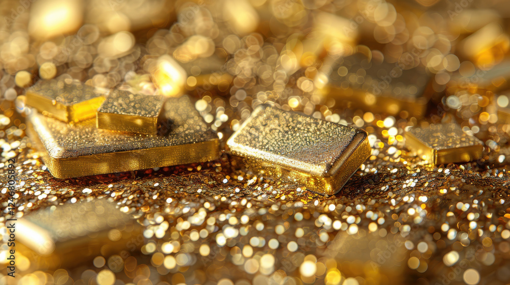 Shimmering gold bars and glittering particles create luxurious atmosphere Shimmering gold bars and glittering particles create luxurious atmosphere