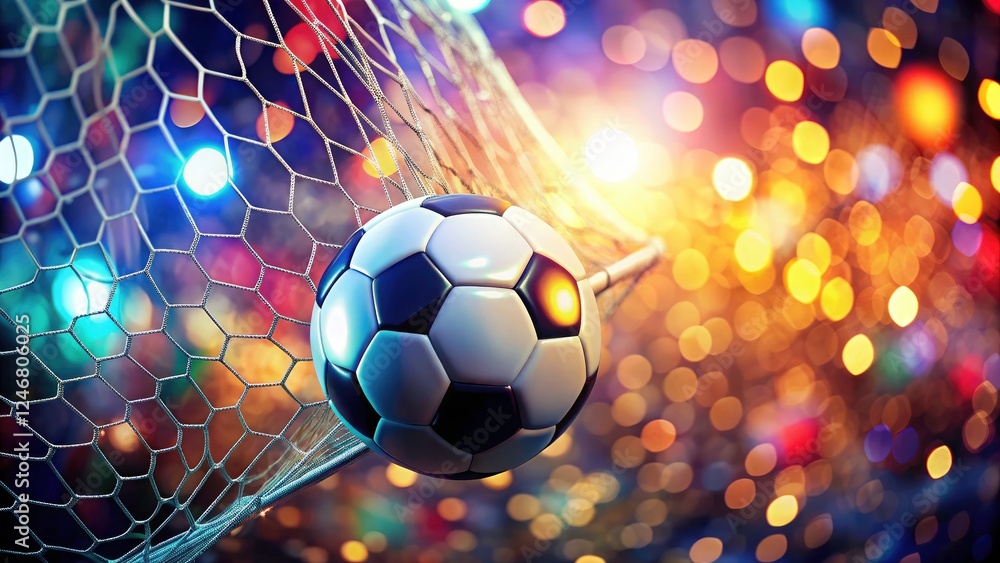 Fototapeta premium A perfectly placed shot: soccer ball in net, background bokeh highlighting the celebratory moment.